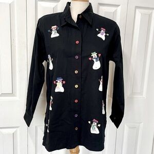 NWT Quacker Factory Festive Snowman Christmas Black Shirt